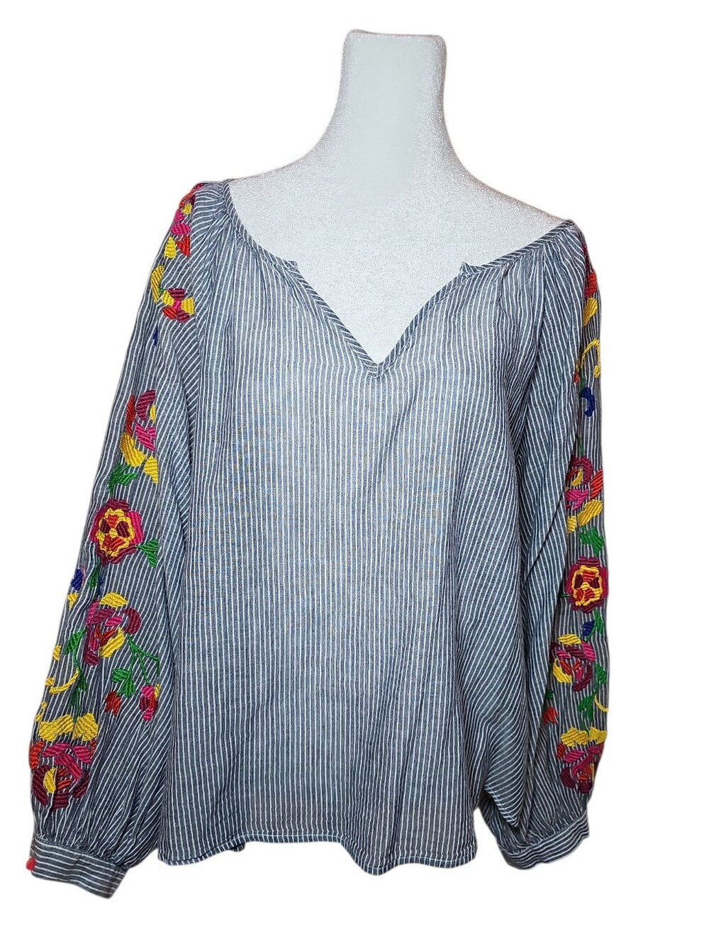 Striped Embroidered Peasant Blouse